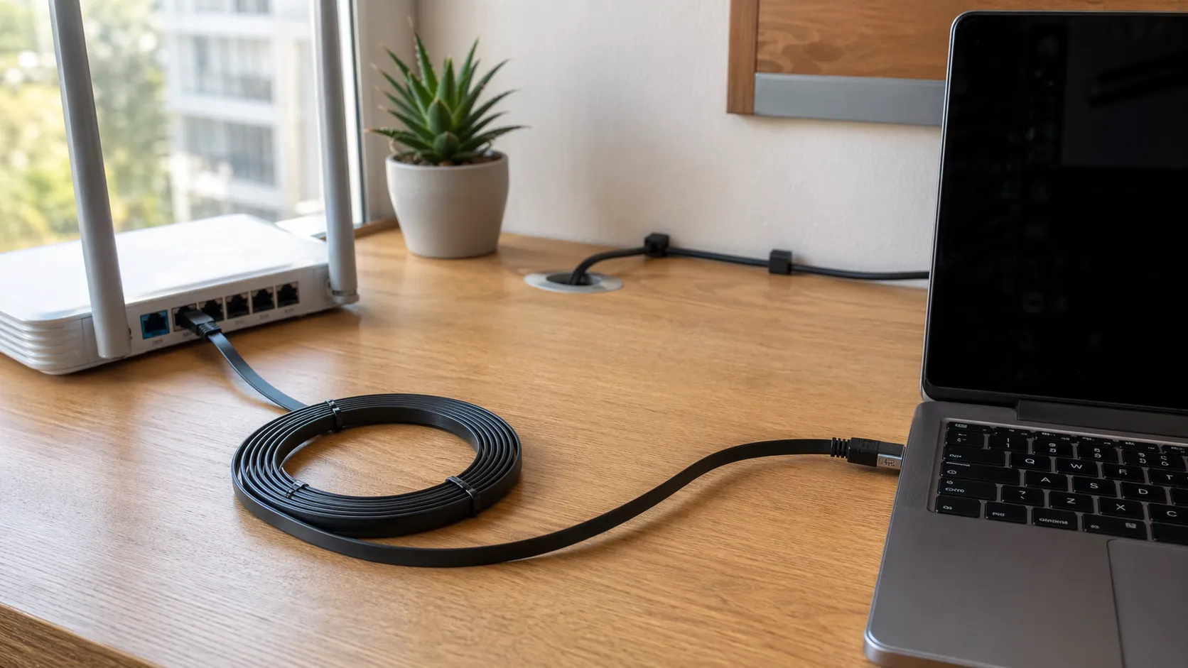 책상 위 랜 케이블과 공유기