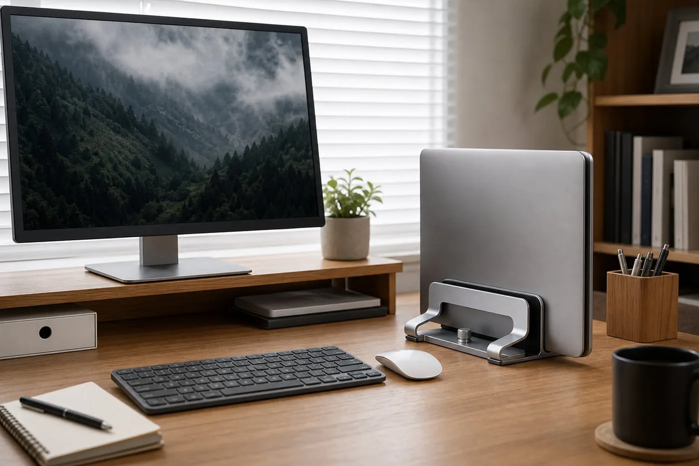 Vertical laptop stand beside an external monitor