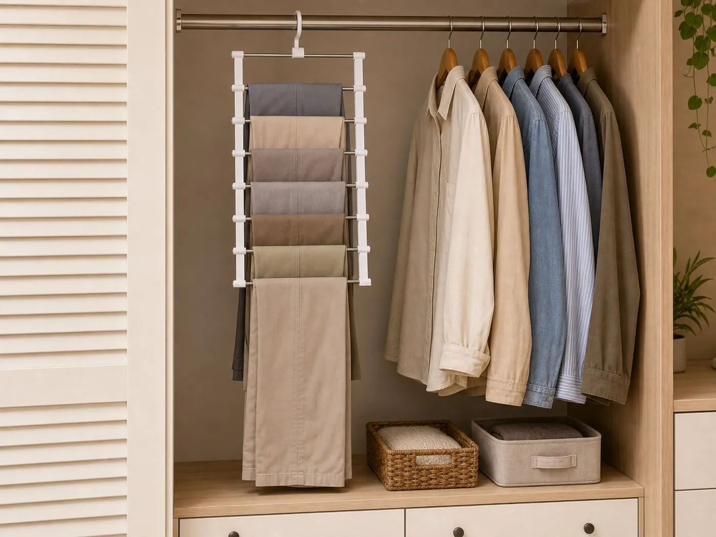 A full closet view showing the pants hanger clearing the lower shelf below