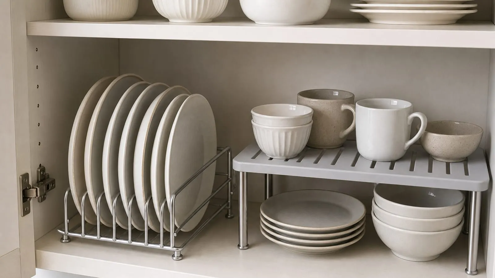 Vertical plate rack compared with a low slotted shelf riser inside a kitchen cabinet