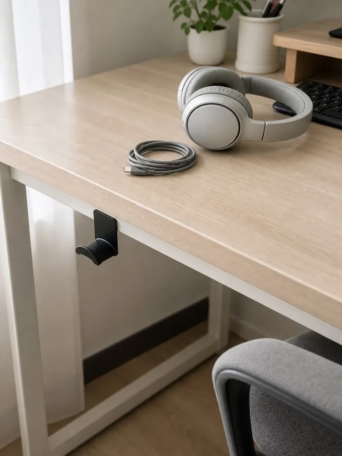 A newly attached under-desk hook with no headset hanging yet while the headset rests on the desktop