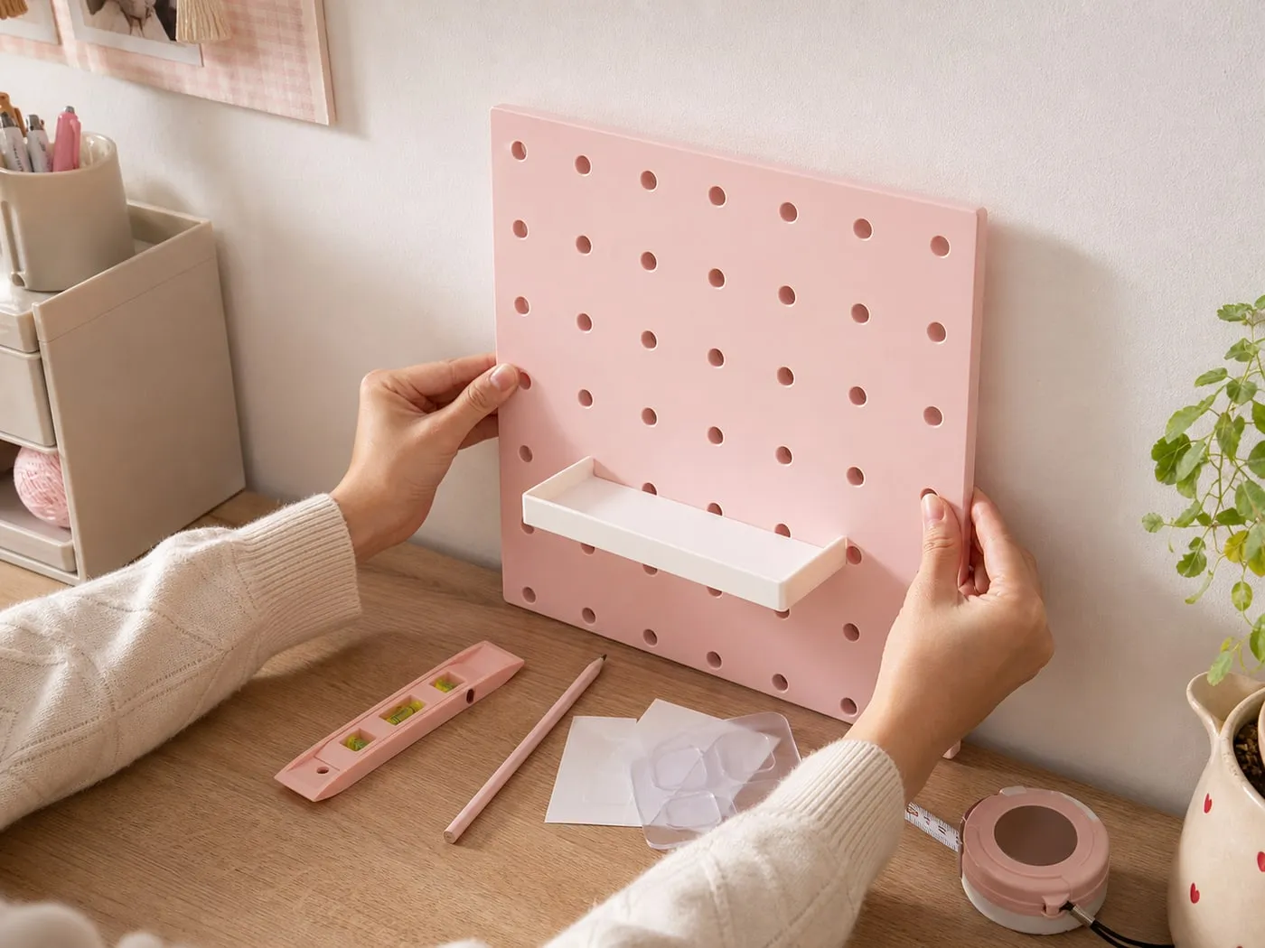 A pink pegboard panel being held against a wall while its position and level are checked