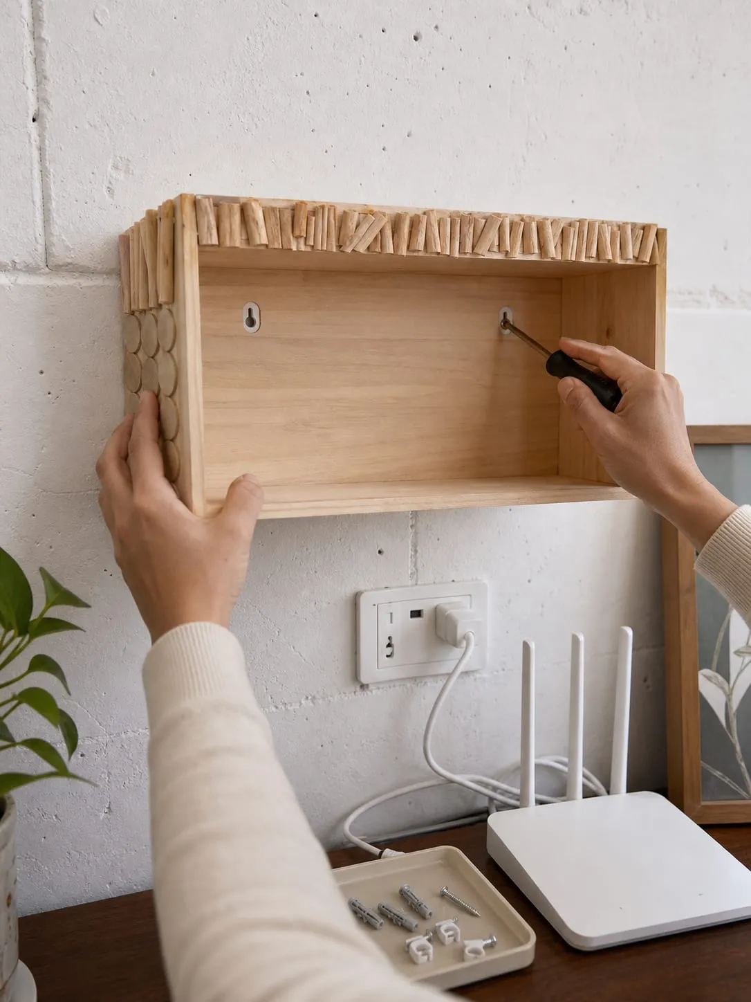 Installing a wall-mounted router box with screws and anchors