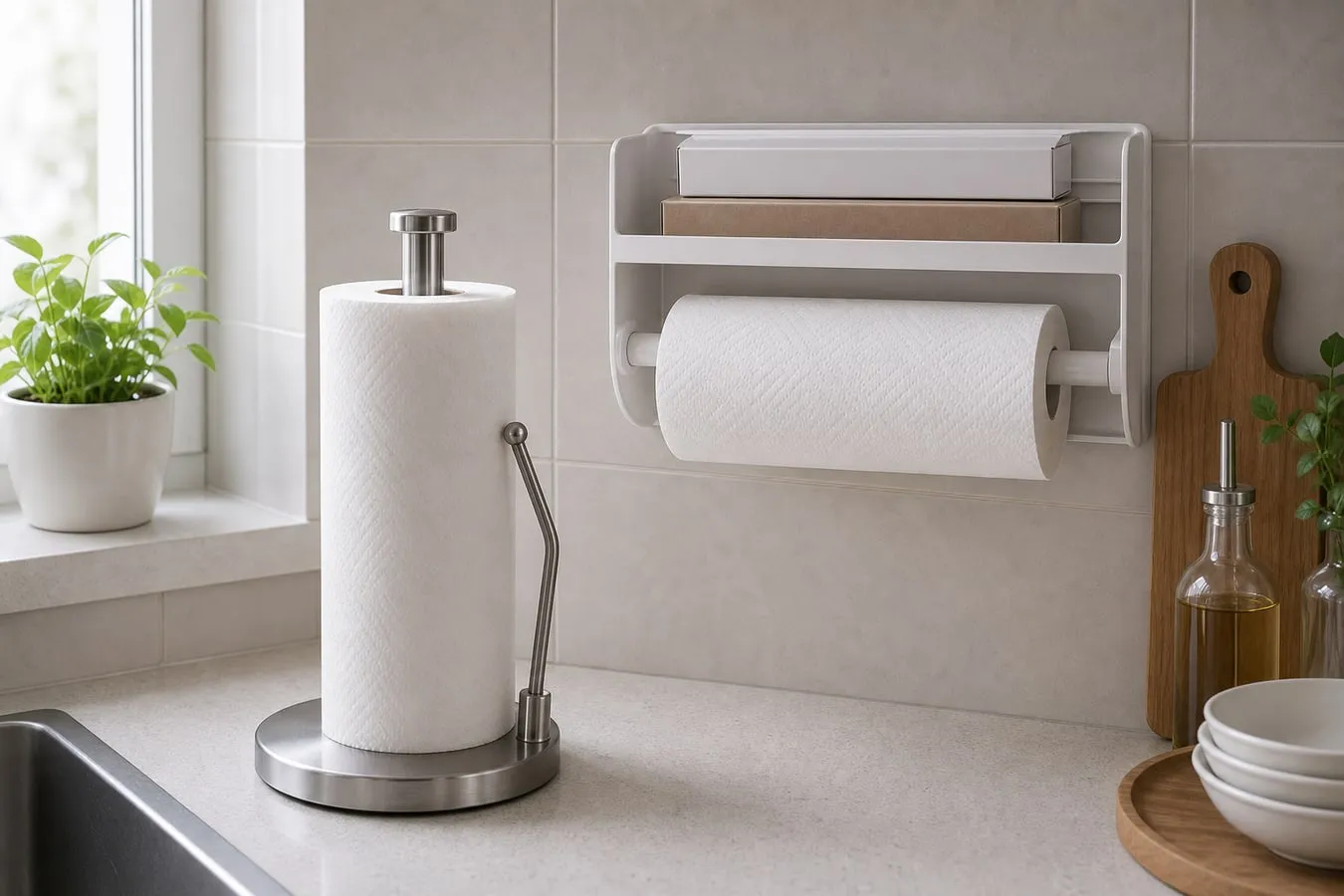 A standing paper towel roll holder on the counter beside a white wall-mounted roll rack on kitchen tile