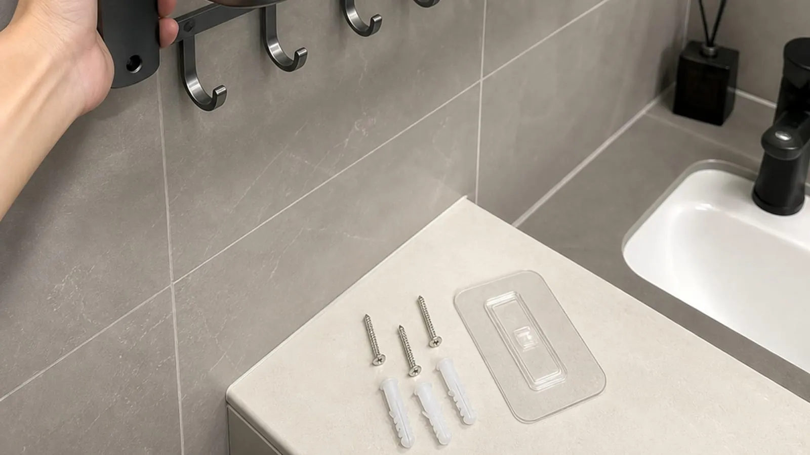 A towel rack bracket held against bathroom tile with screws, anchors, and an adhesive pad nearby
