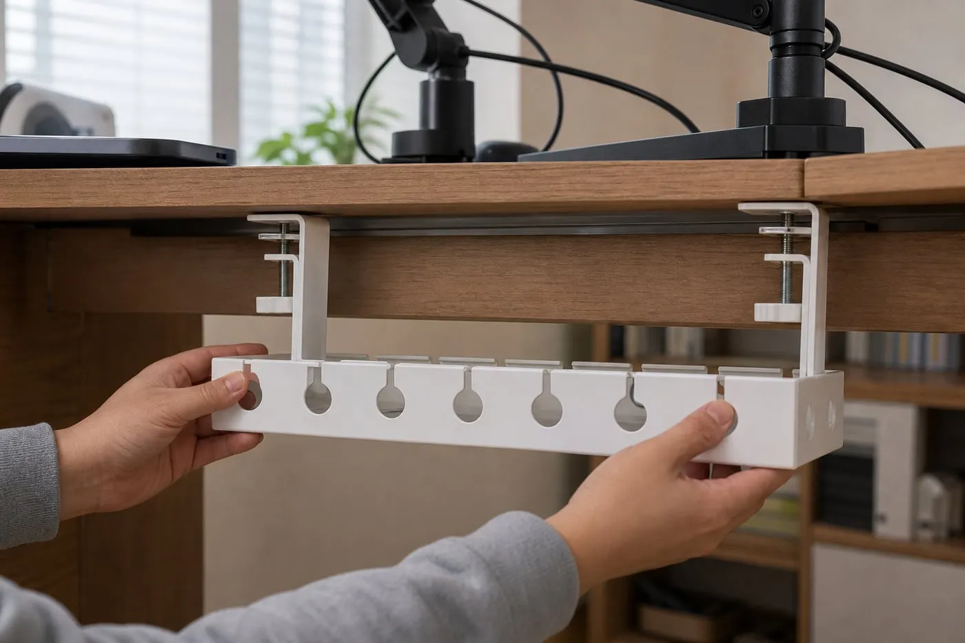 Desk frame and rear apron limiting clamp-tray clearance