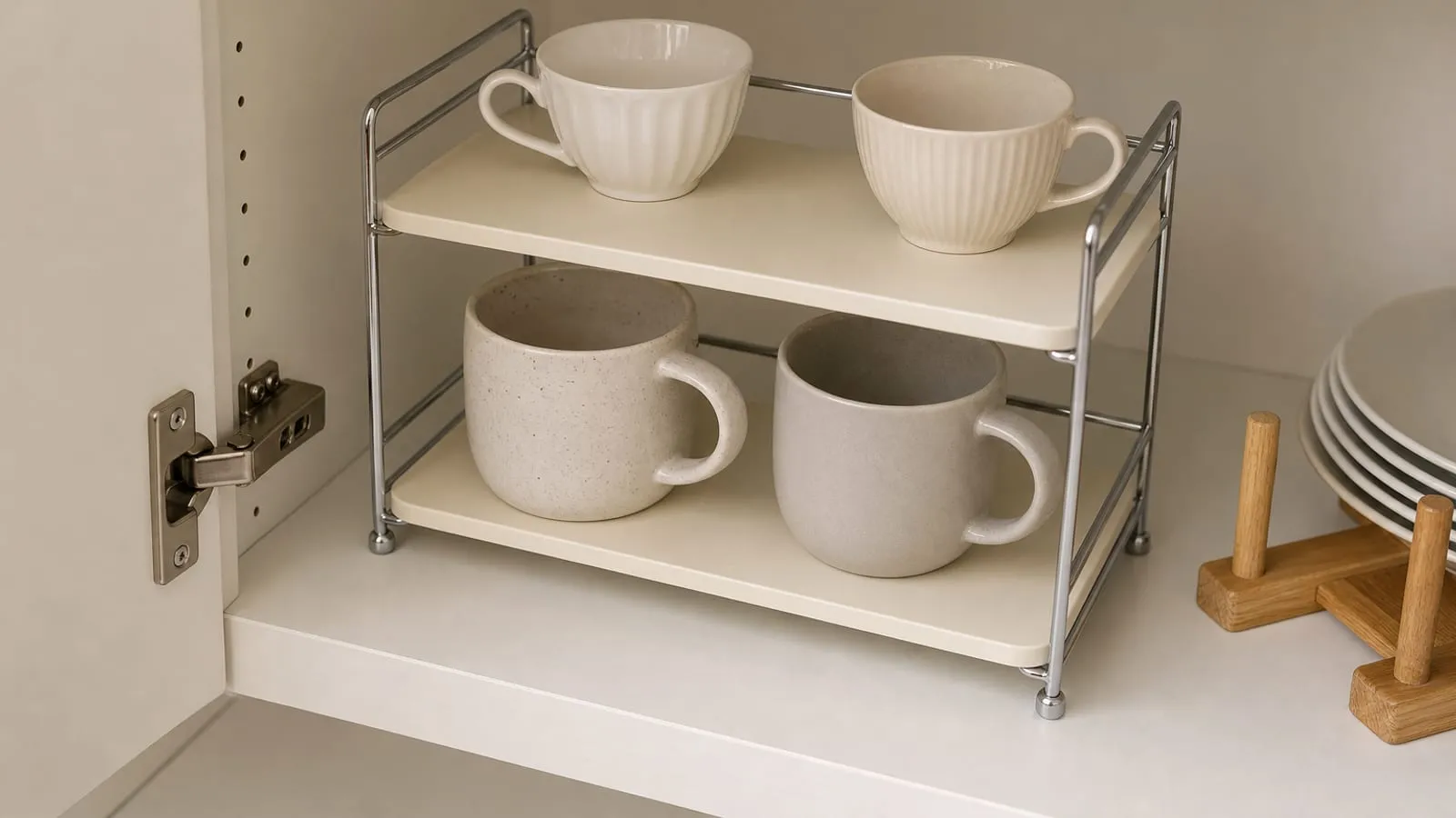 Two-tier cup shelf rack loaded conservatively with heavier mugs on the lower level and lighter cups on top