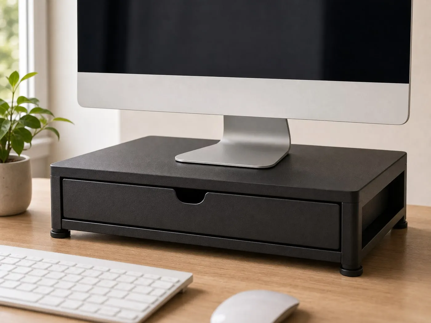 A monitor base centered securely on top of a black drawer-style monitor riser