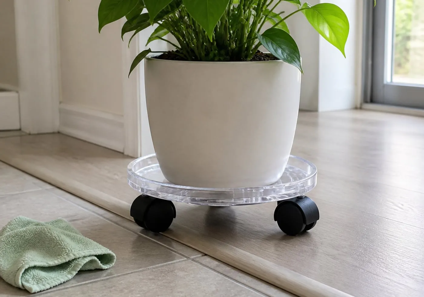 A transparent rolling plant caddy on a flat floor near a threshold strip and grout line, with a cleaning cloth nearby