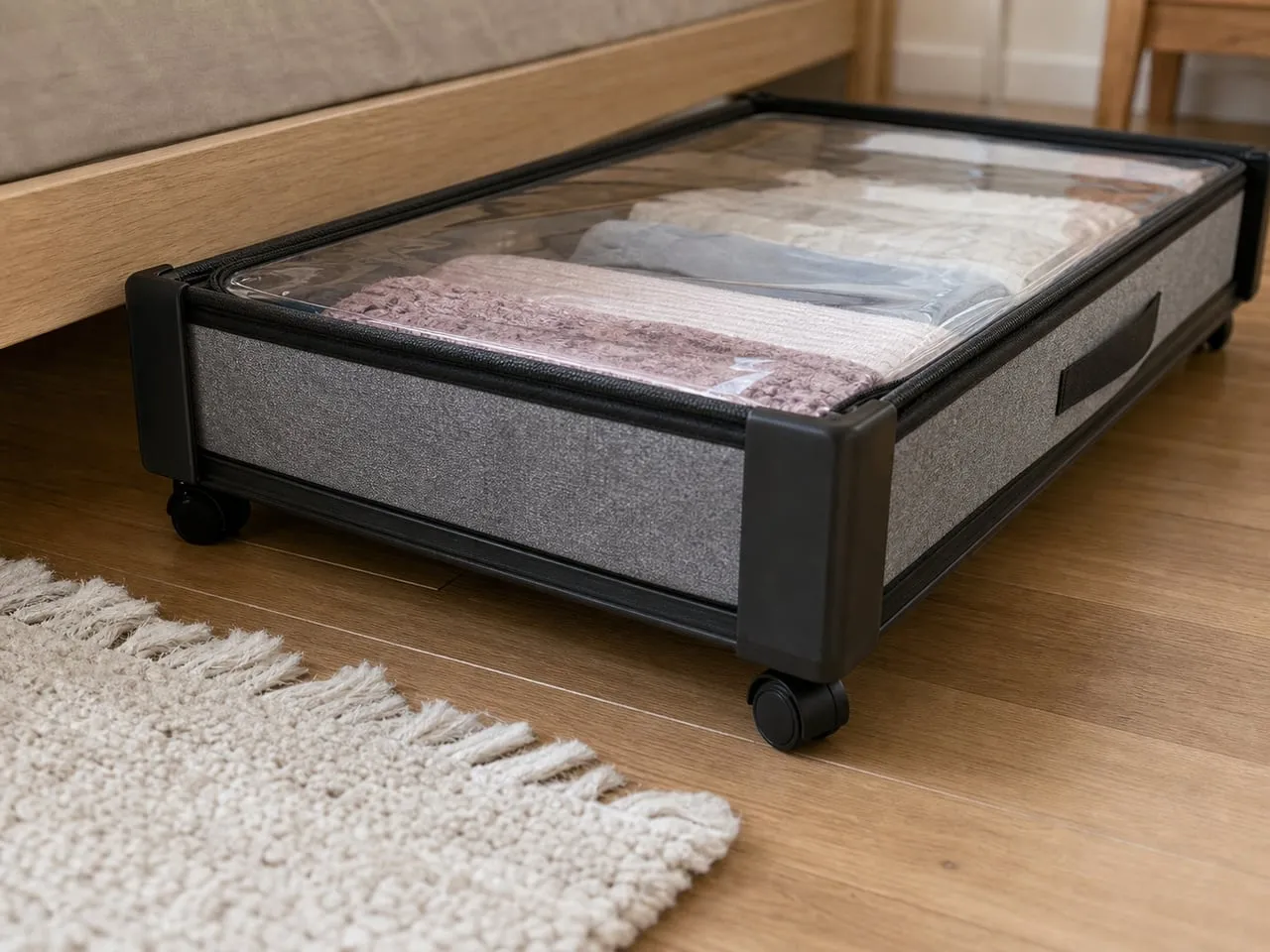 Small wheels and low frame on a black under-bed storage box beside a rug edge