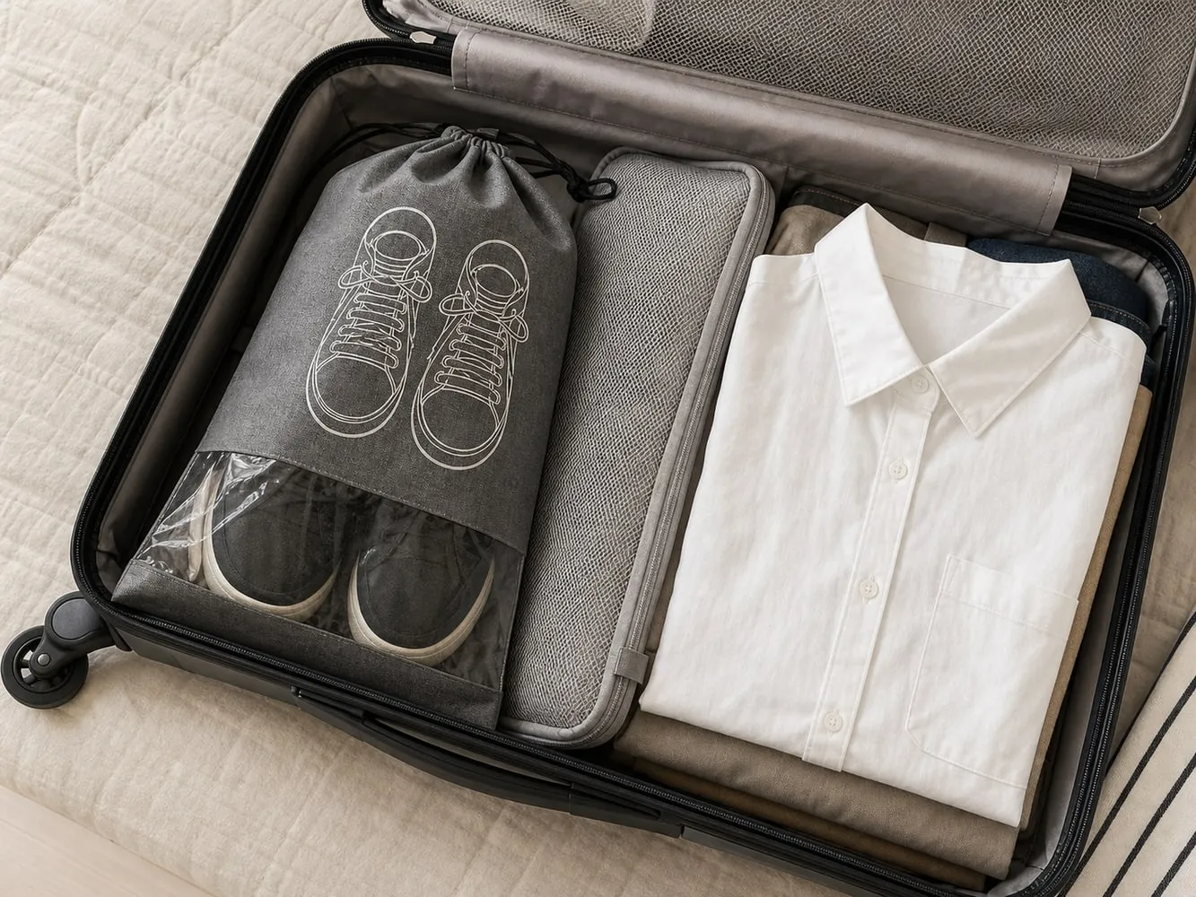 A grey shoe bag with dark shoes placed away from a folded white shirt with another layer between them