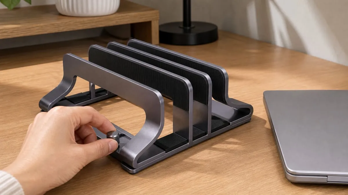 Adjusting the front screw on the vertical stand before inserting a laptop