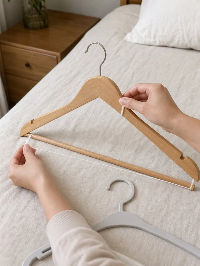 A hand checking the width and thickness of a natural wood hanger while a slim plastic hanger sits nearby for scale