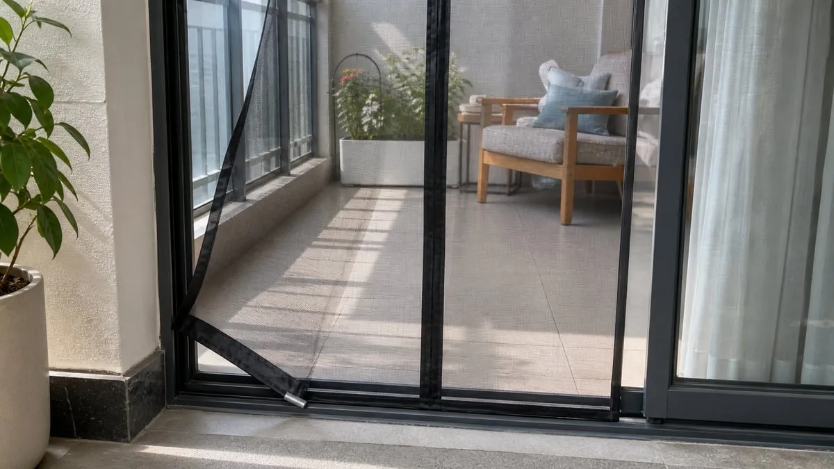 A lower corner of the magnetic mesh curtain lifting slightly in wind