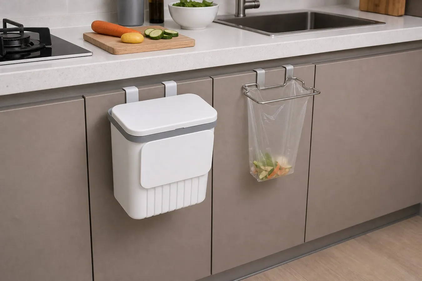 A white lidded hanging bin and a slim wire bag holder with a small clear bag shown side by side on lower kitchen cabinet doors