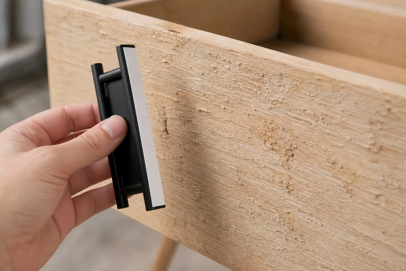 A hand holding an adhesive pull handle near a rough unfinished wood drawer front without attaching it