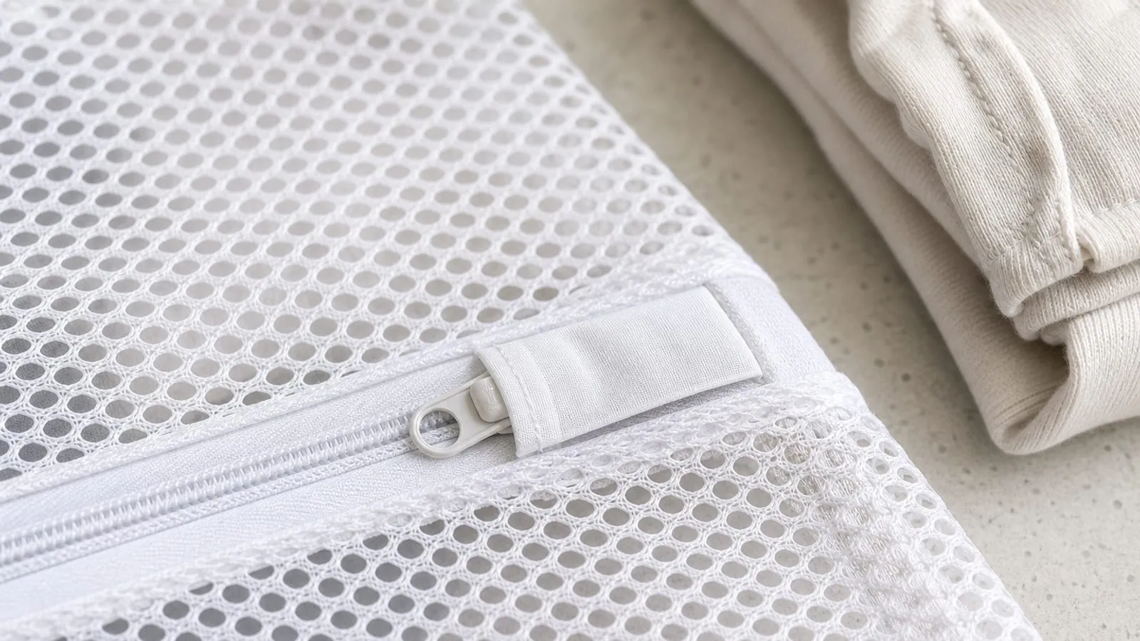 Close view of a white mesh laundry bag zipper pull tucked into a small fabric cover