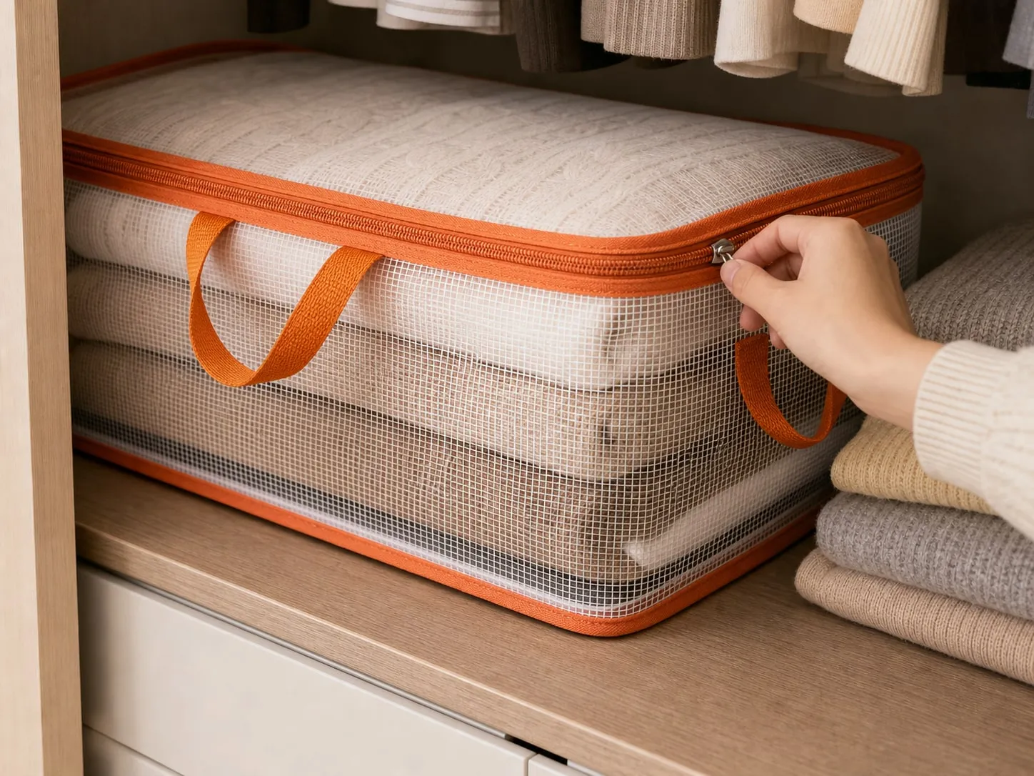 Close-up of a transparent zipper storage bag on a closet shelf while the zipper is being pulled gently
