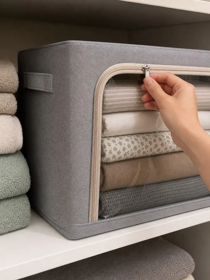 A close-up of one hand gently closing the zipper corner of a gray framed fabric bedding storage box with folded linens visible through the clear window